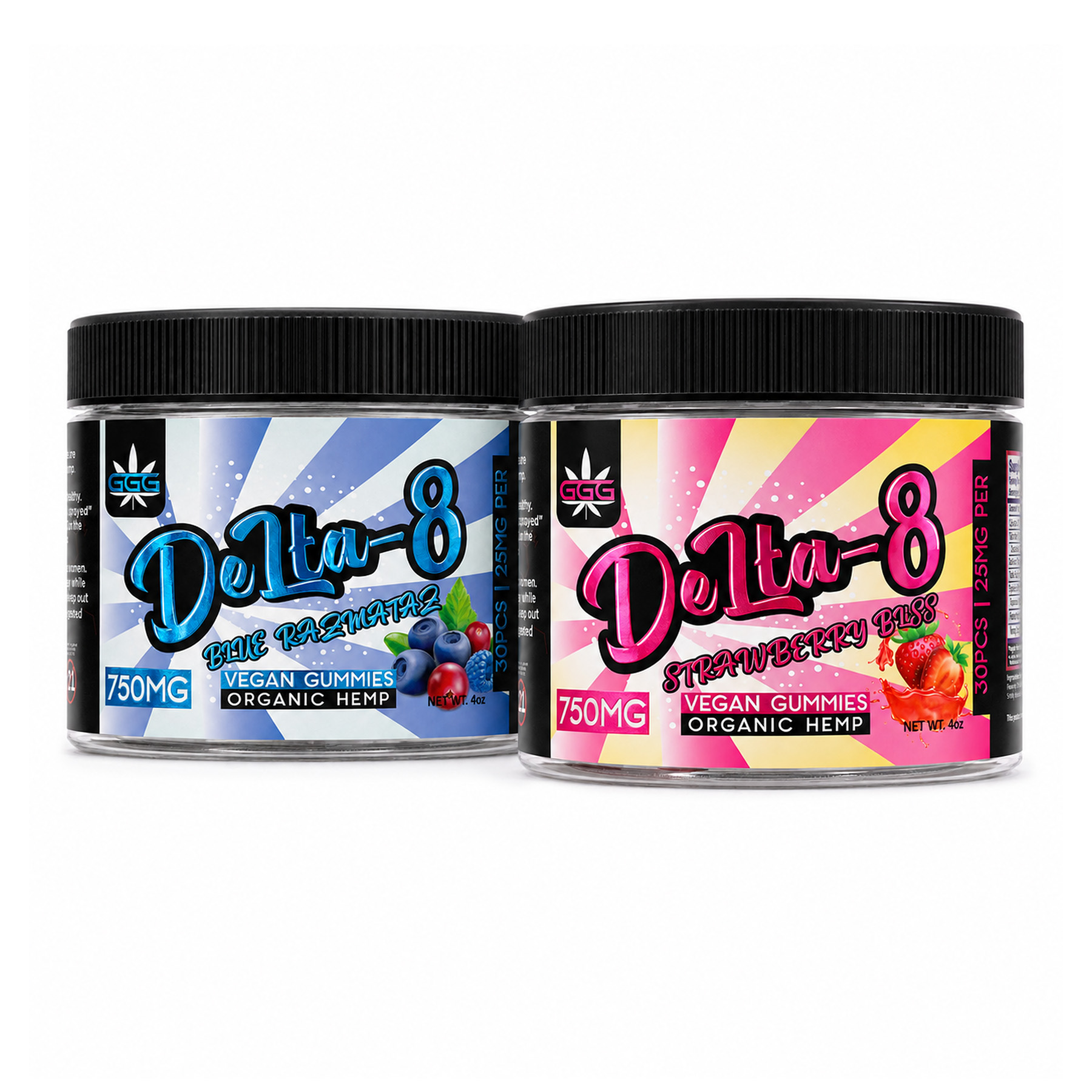 Triple G Hemp Delta-8 750mg vegan gummies in Blue Razmataz and Strawberry Bliss flavors, 25mg per gummy.