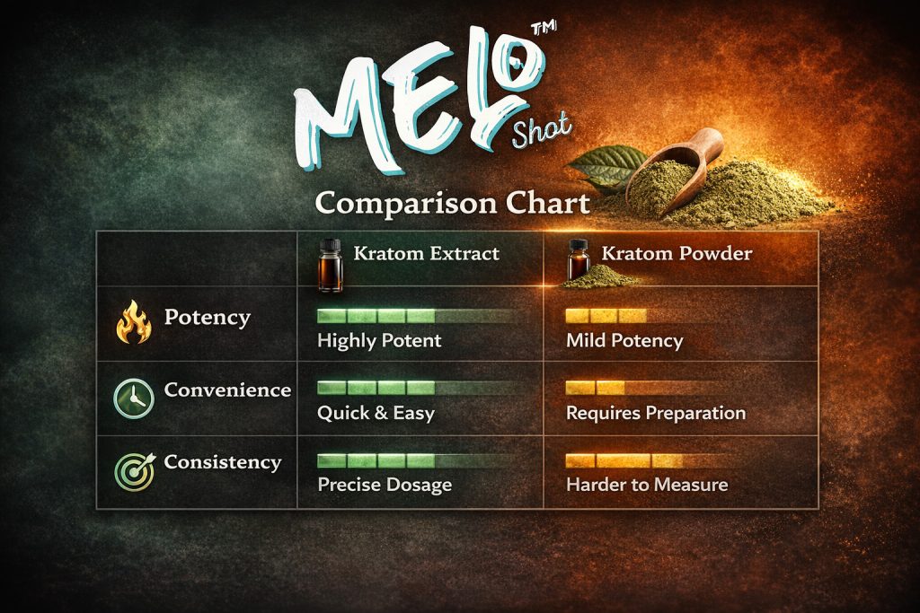 Comparison chart showing differences between kratom extract and powder