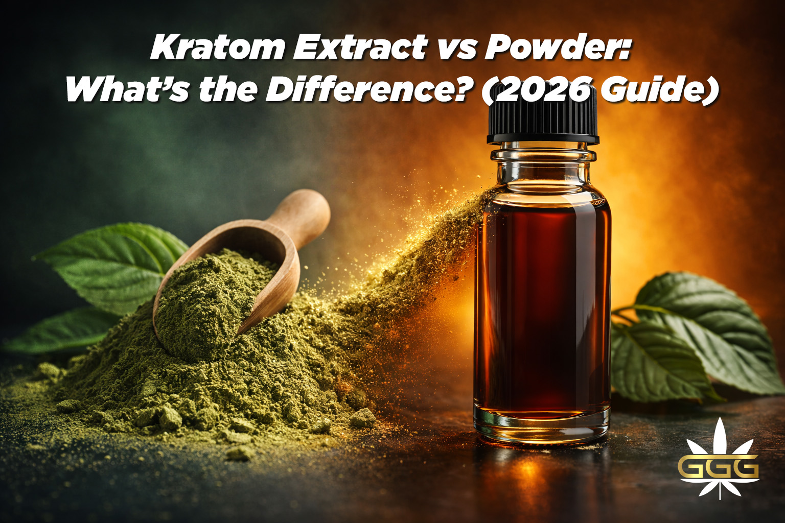 Kratom extract vs powder comparison showing powder and liquid shot