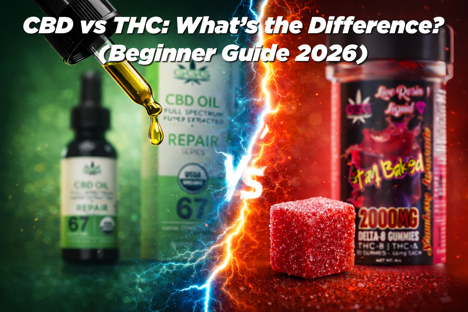 CBD vs THC comparison showing oil and gummies for different effects