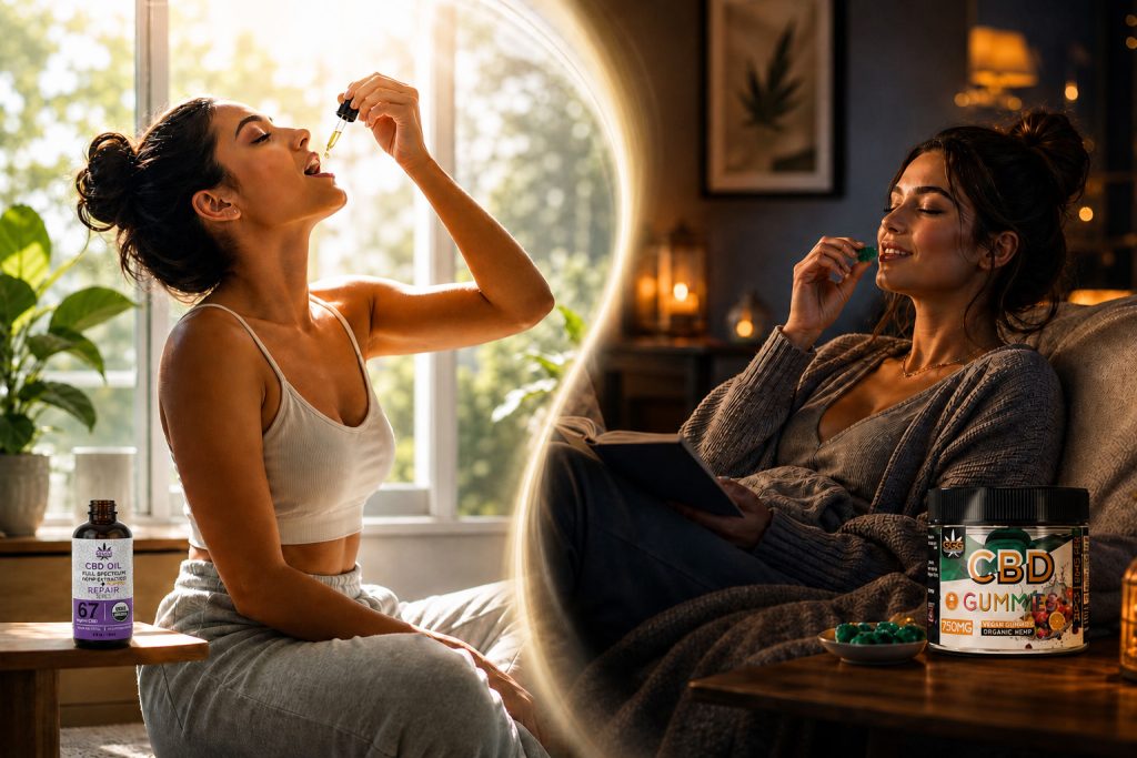 using CBD oil during the day and gummies at night lifestyle comparison
