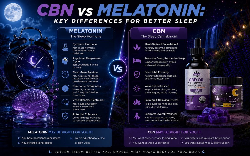 CBN vs melatonin comparison infographic for sleep support