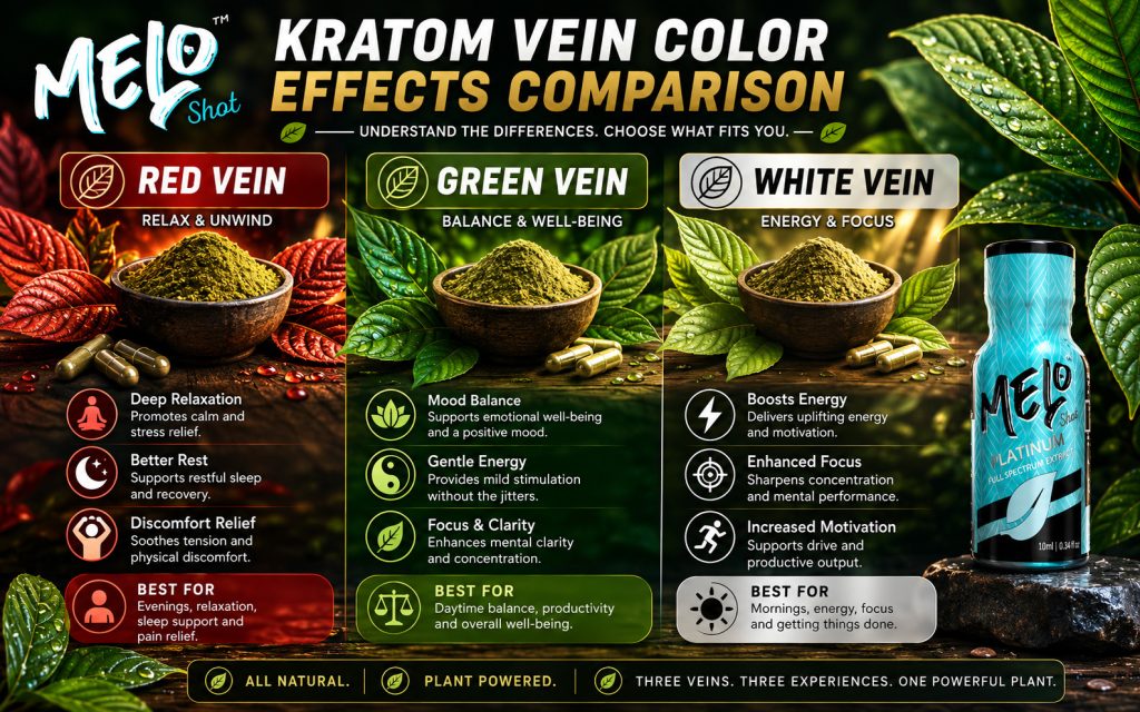 Kratom vein color effects comparison infographic