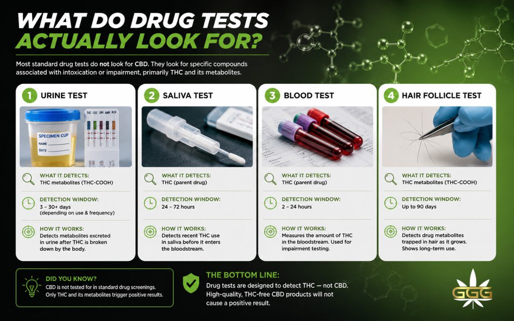 Infographic explaining urine, saliva, blood, and hair follicle drug testing methods for CBD and THC products.