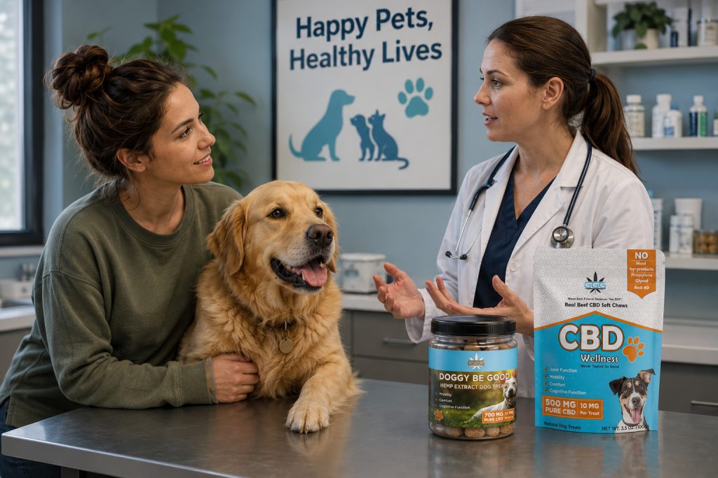 Veterinarian discussing CBD treats and CBD oil options with a dog owner.