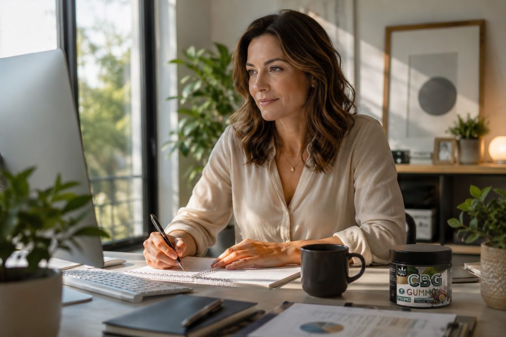 Professional using CBG as part of a daytime wellness routine focused on productivity and mental clarity.
