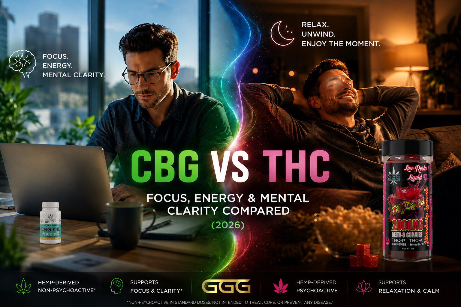 cbg-vs-thc-focus-energy-mental-clarity-2026 Comparison of CBG and THC showing differences in focus, mental clarity, energy, and cannabinoid effects.