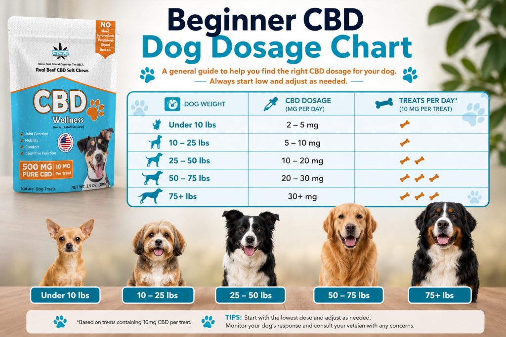 Infographic illustrating common CBD serving ranges for dogs of different sizes.
