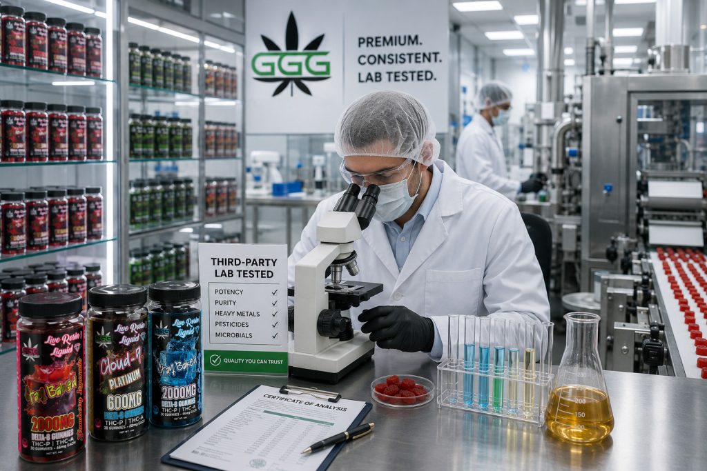 Third-party testing and quality control process for premium hemp-derived THC gummies.