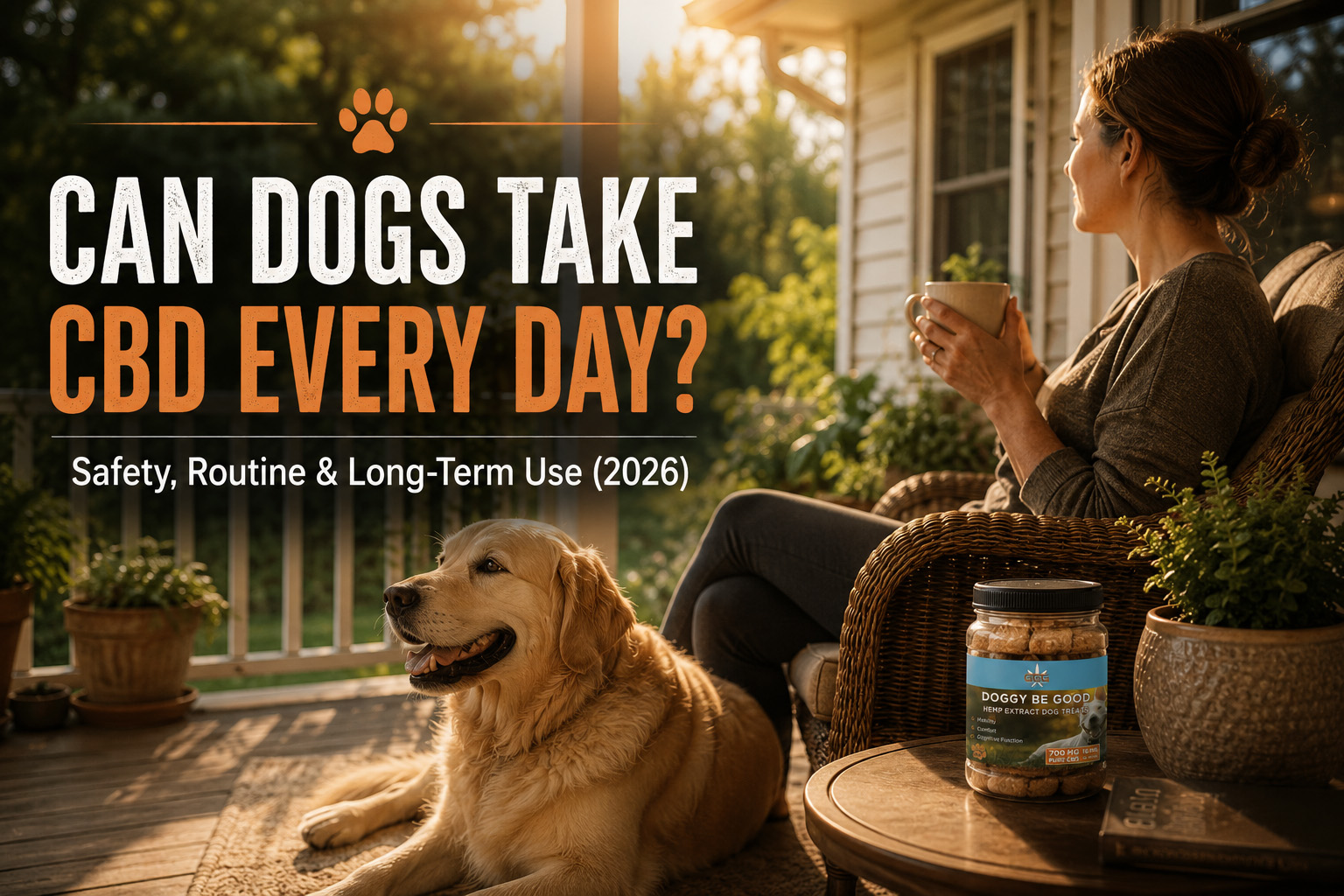 can-dogs-take-cbd-every-day-2026 Golden retriever enjoying a peaceful morning routine while exploring whether dogs can safely take CBD every day.