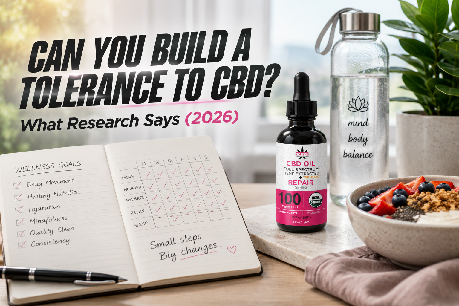 can-you-build-a-tolerance-to-cbd-2026 Triple G Hemp Full Spectrum CBD oil displayed as part of a consistent daily wellness routine while exploring whether tolerance develops over time.