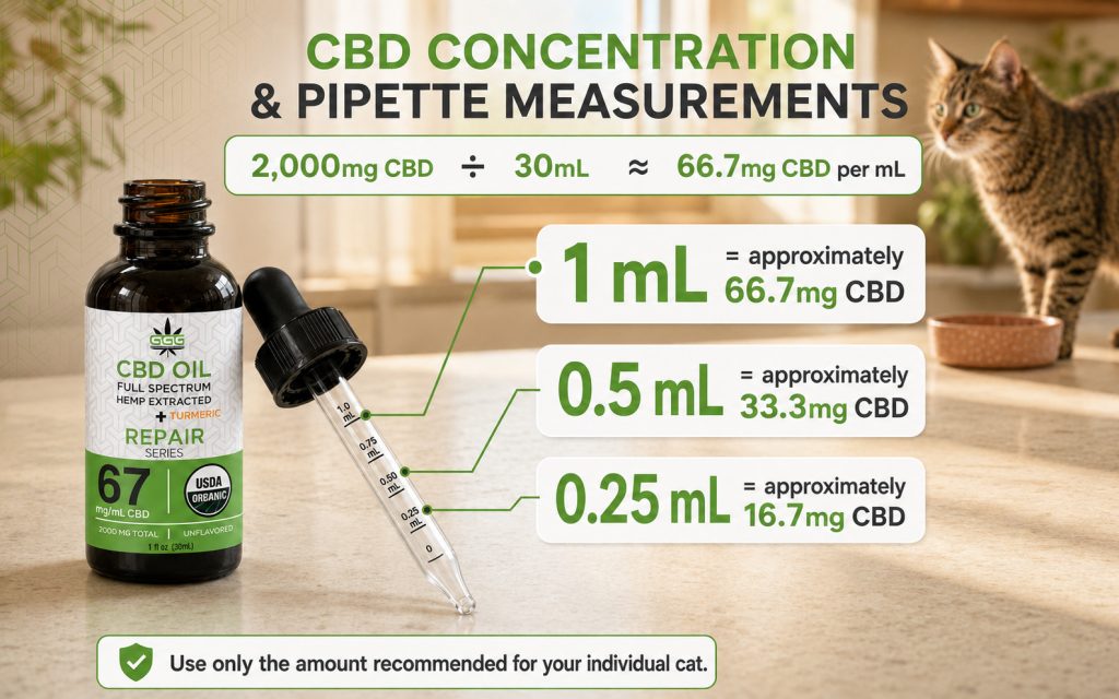 CBD oil dosage measurements for cats showing 1 mL, 0.5 mL and 0.25 mL on a graduated pipette