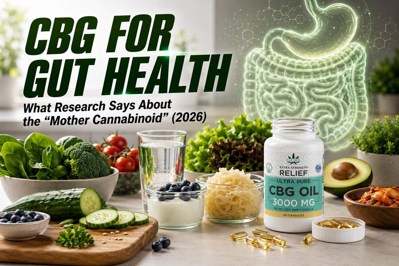 cbg-for-gut-health-2026 Triple G Hemp CBG Capsules displayed alongside healthy foods while exploring current research into CBG and digestive wellness.