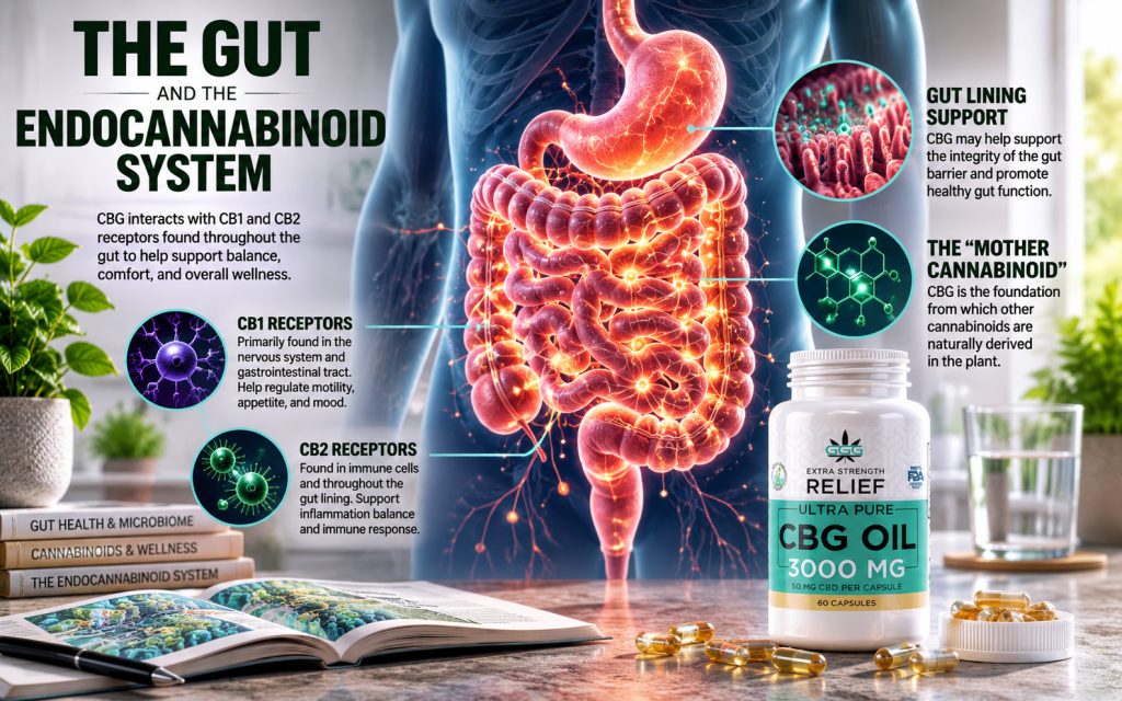 Educational illustration showing the digestive system and the endocannabinoid system in relation to CBG research.