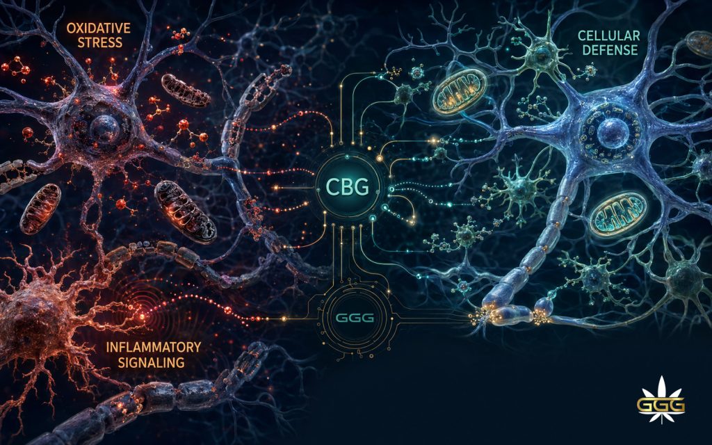 CBG research illustration showing oxidative stress, neuroinflammation and brain-cell protection
