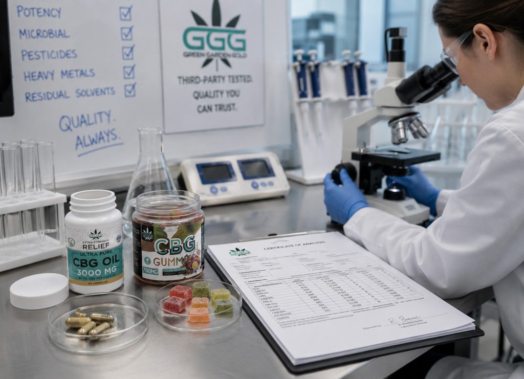 Laboratory quality control environment featuring third-party tested CBG products.