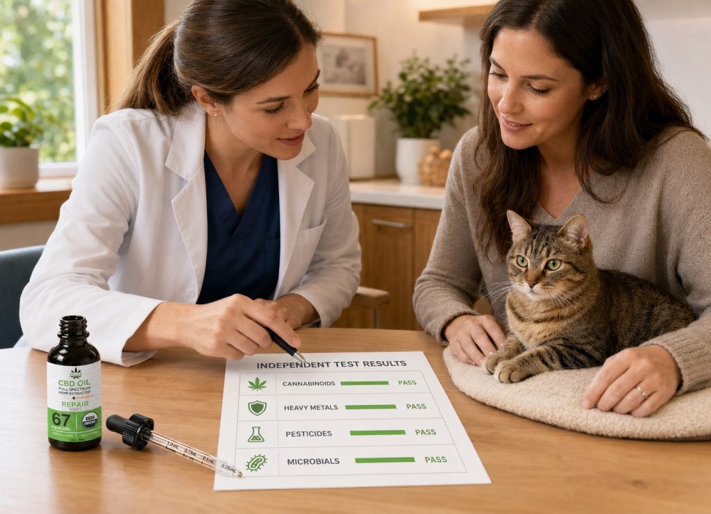 Veterinary consultation about choosing quality CBD oil for cats with third-party testing information