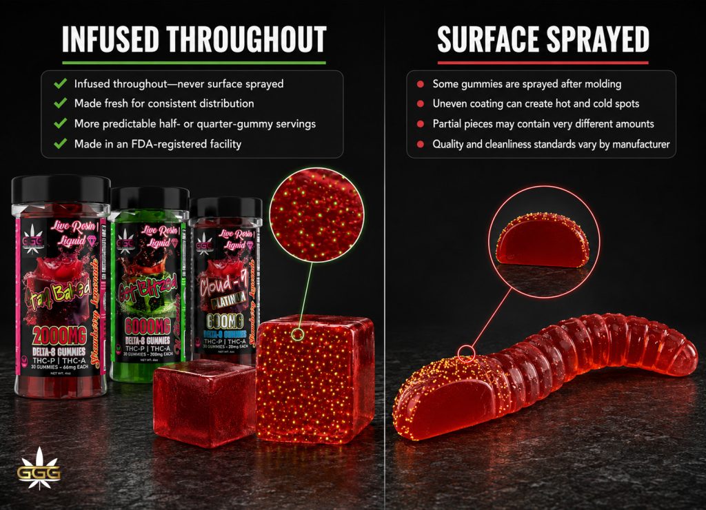 Infused versus sprayed THC gummies showing consistent cannabinoid distribution