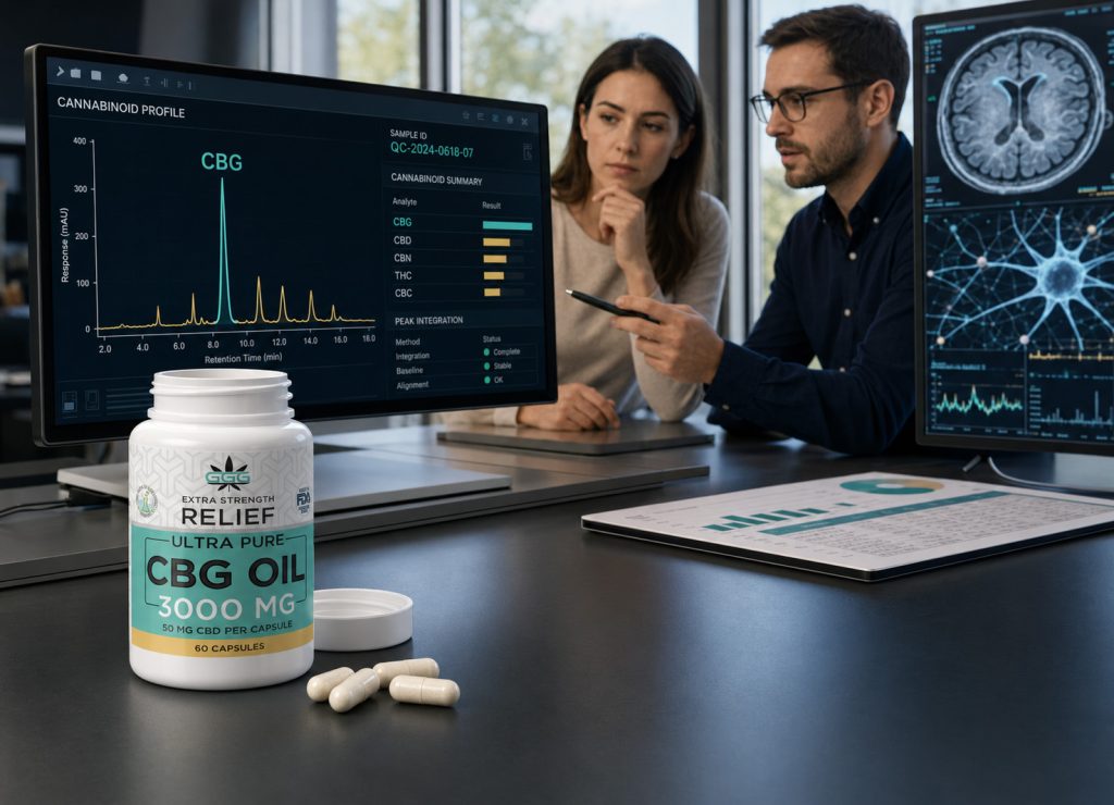 CBG capsules undergoing quality inspection with neurological research and testing data