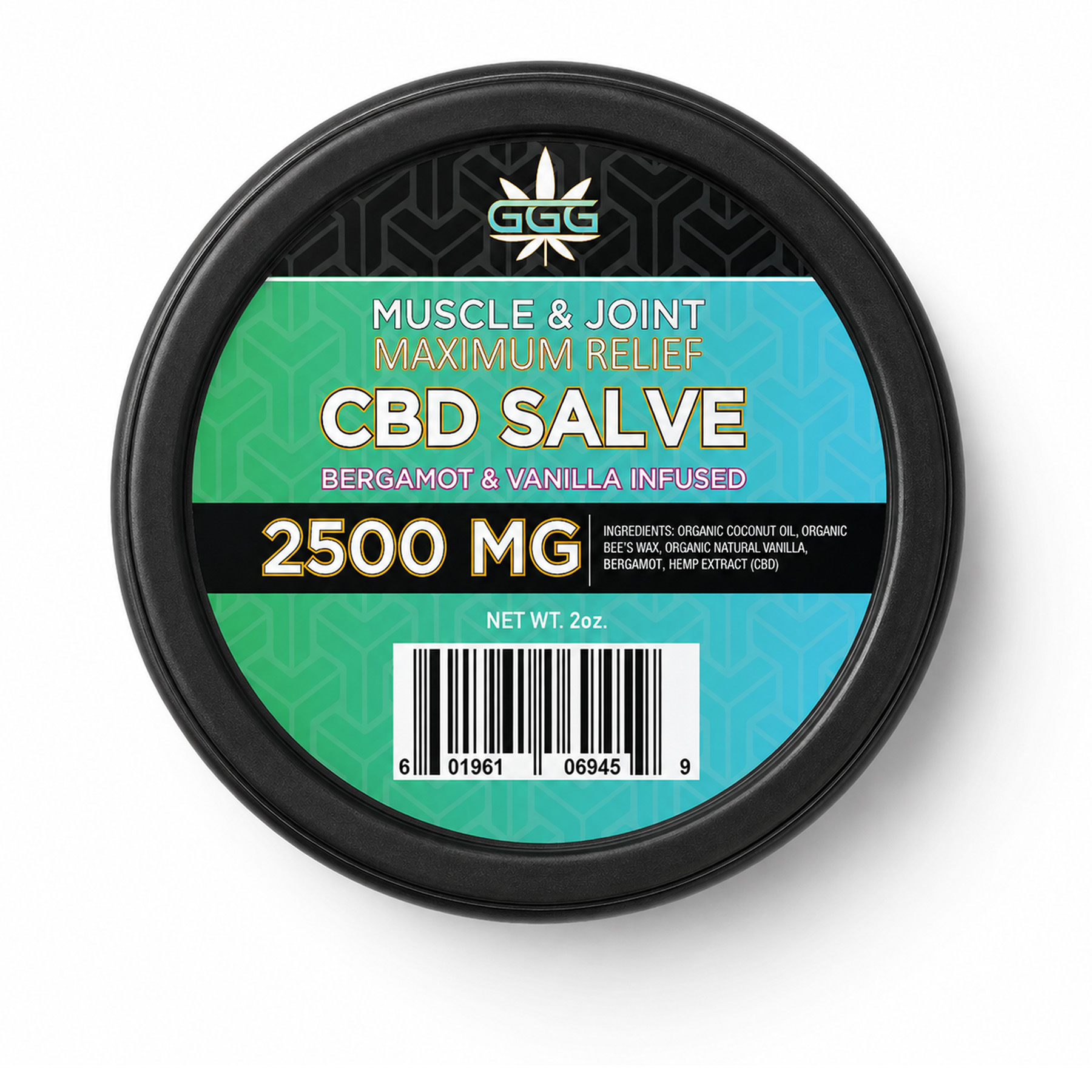 Triple G Hemp 2500mg CBD Salve with bergamot and vanilla in a black 2 oz jar.