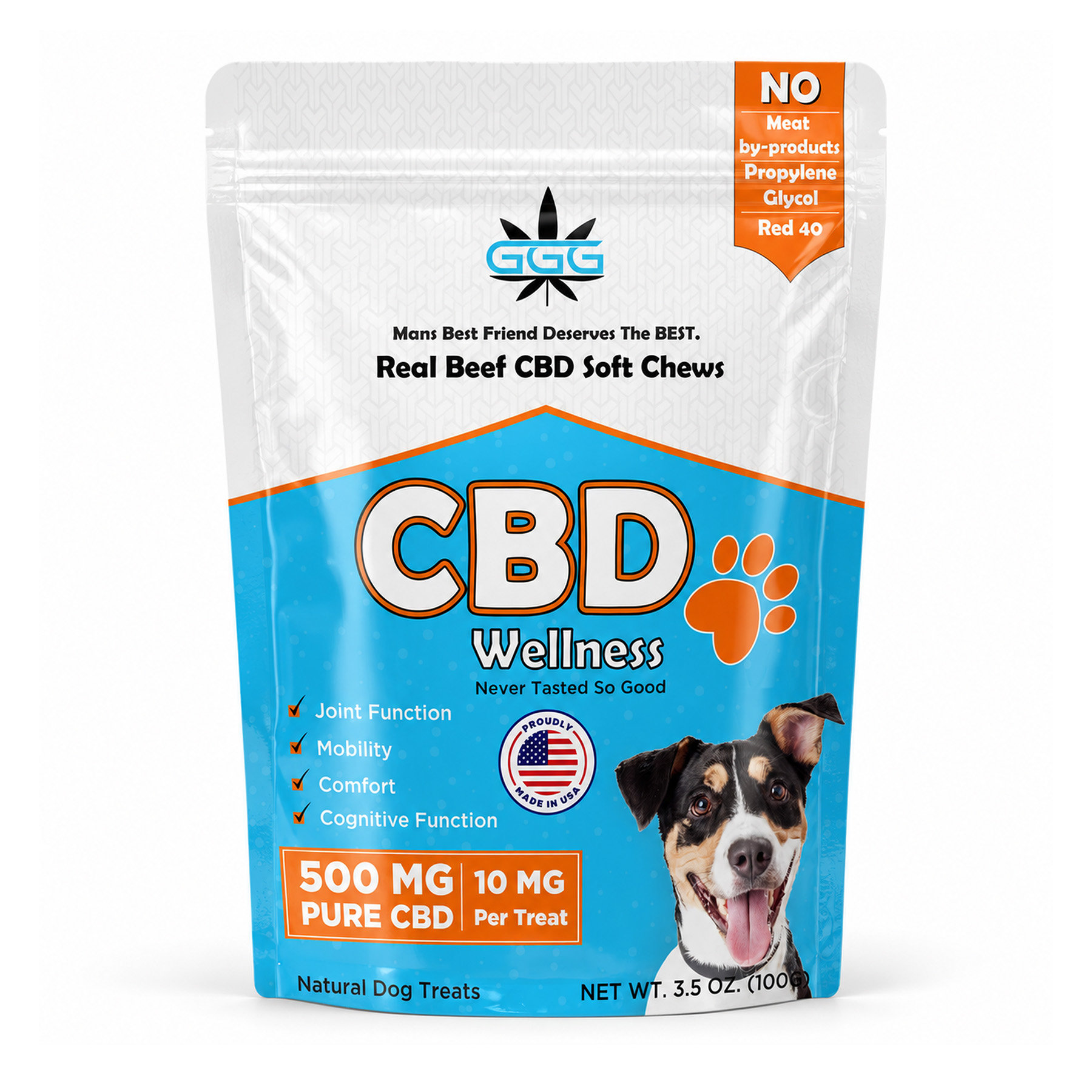 Triple G Hemp CBD Wellness real beef soft chews for dogs, 500mg total and 10mg per treat, in a glossy resealable bag.