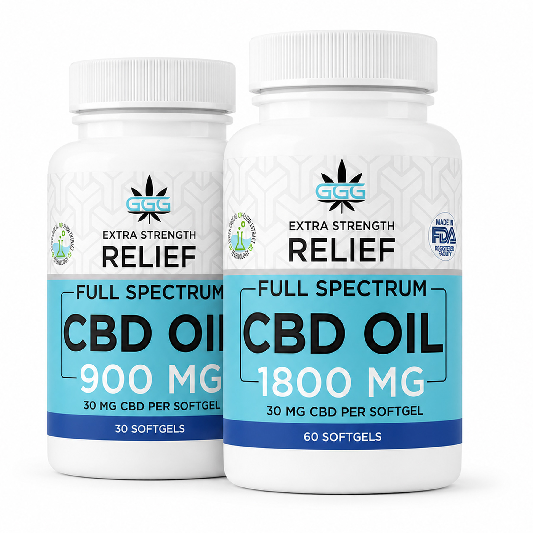 Triple G Hemp full-spectrum CBD softgel bottles, 900mg 30-count and 1800mg 60-count.