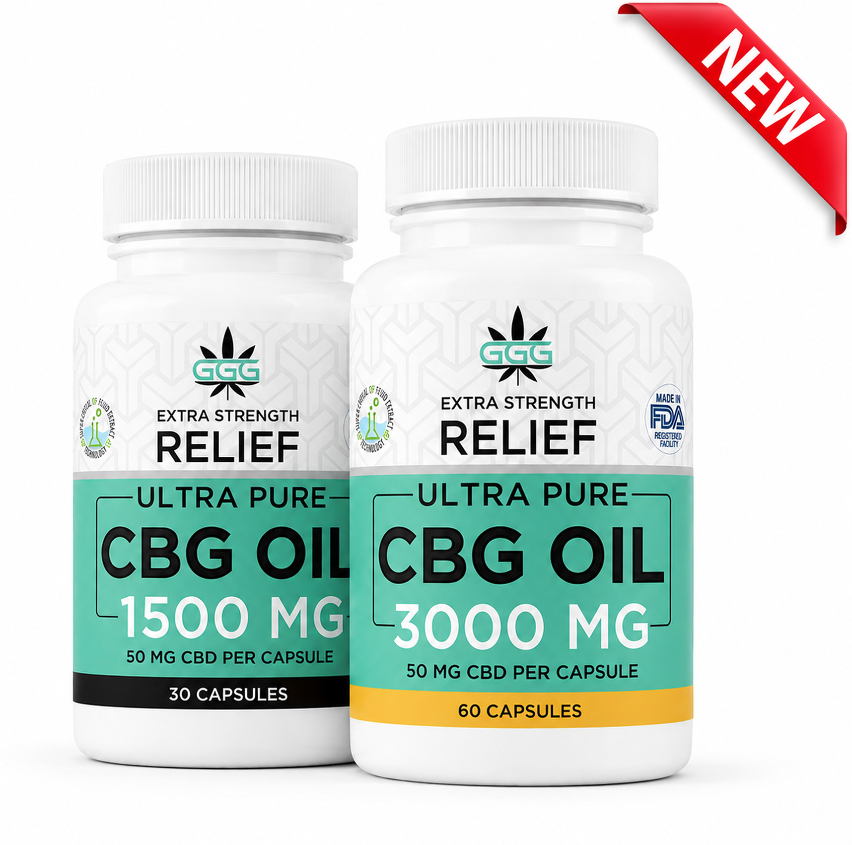 Triple G Hemp ultra-pure CBG capsule bottles, 1500mg 30-count and 3000mg 60-count, with a red New ribbon.