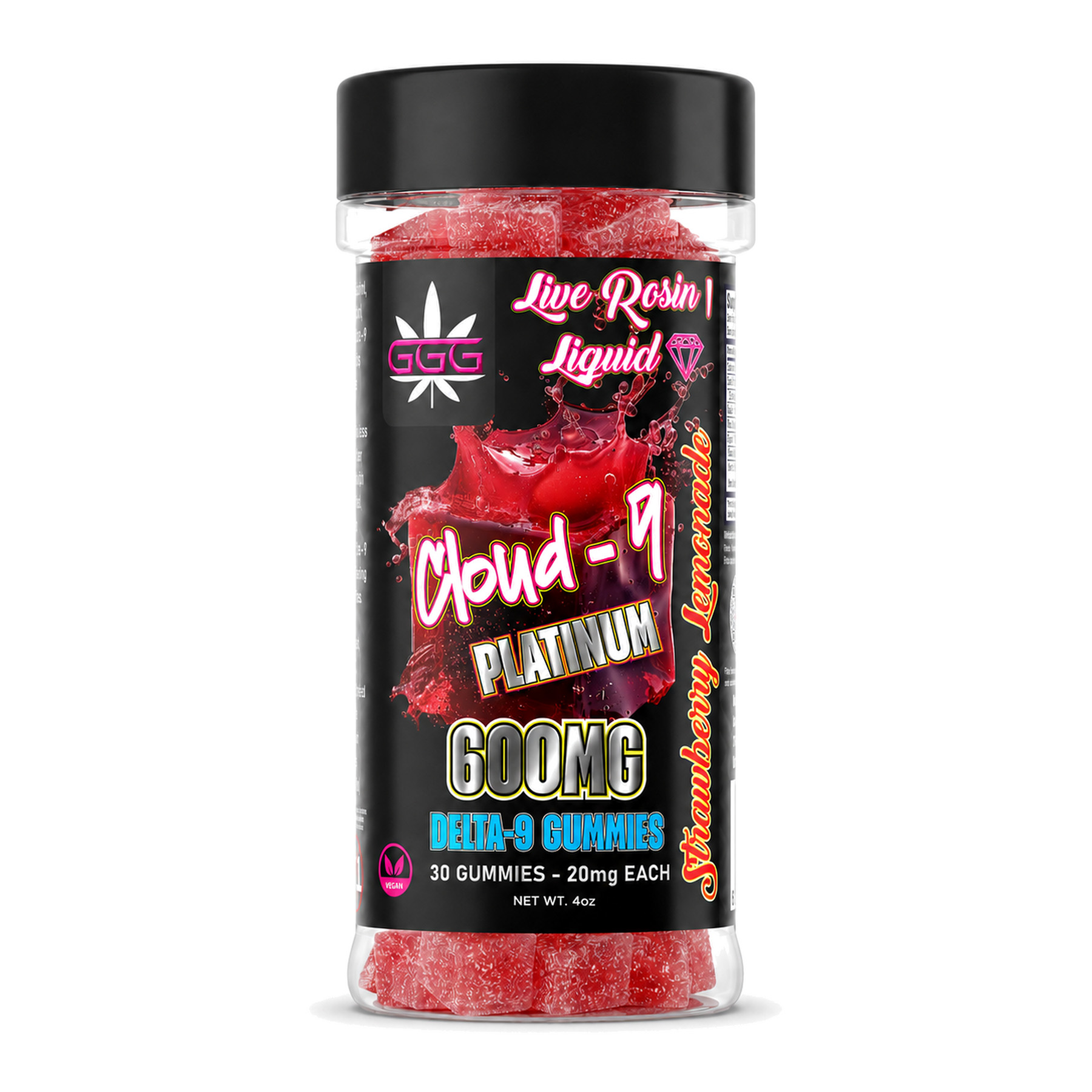 Triple G Hemp Cloud-9 Platinum 600mg Delta-9 Strawberry Lemonade gummies in a clear jar with sugar-coated red gummies