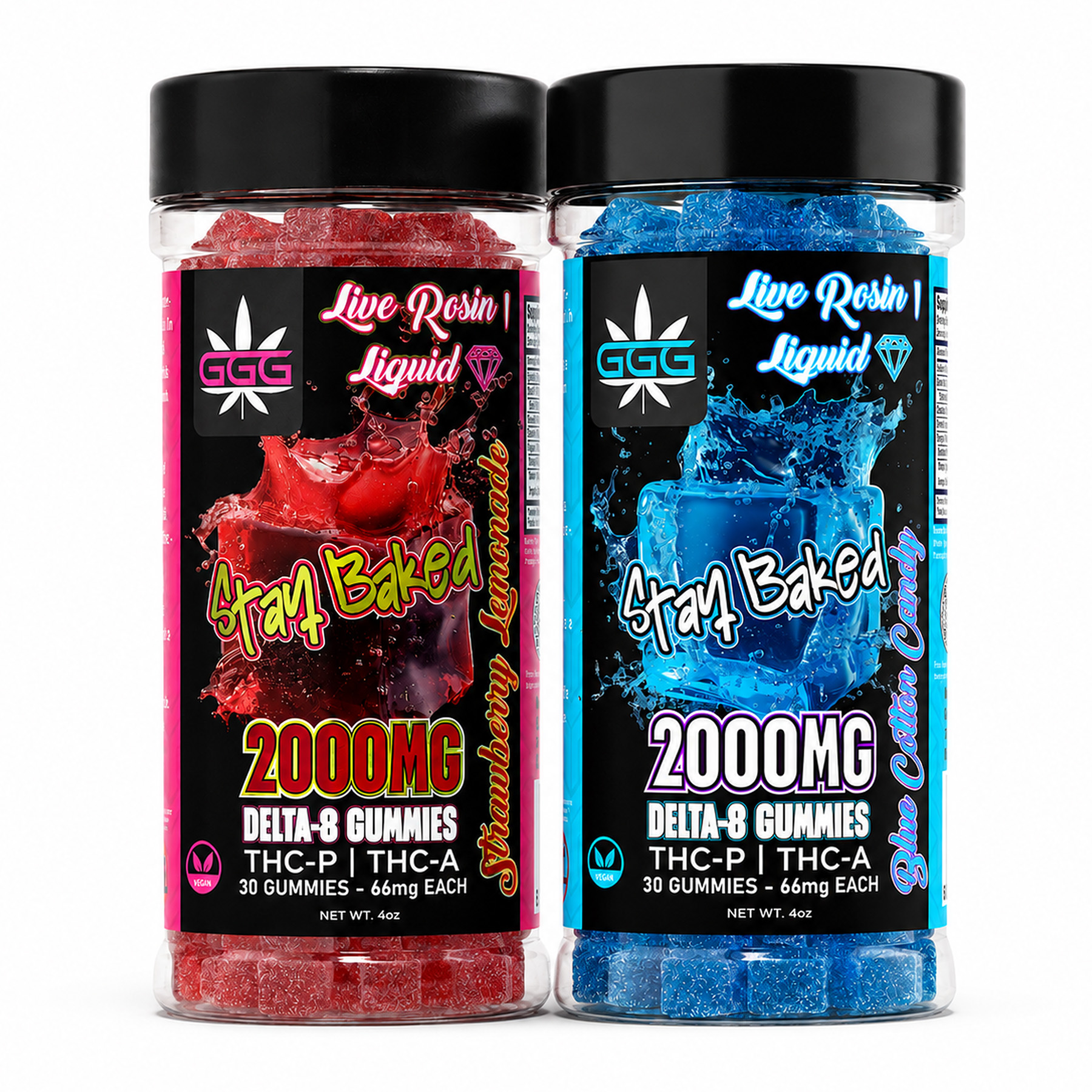 Triple G Hemp Delta-8 2000mg gummies in Strawberry Lemonade and Blue Cotton Candy flavors, 66mg per gummy.