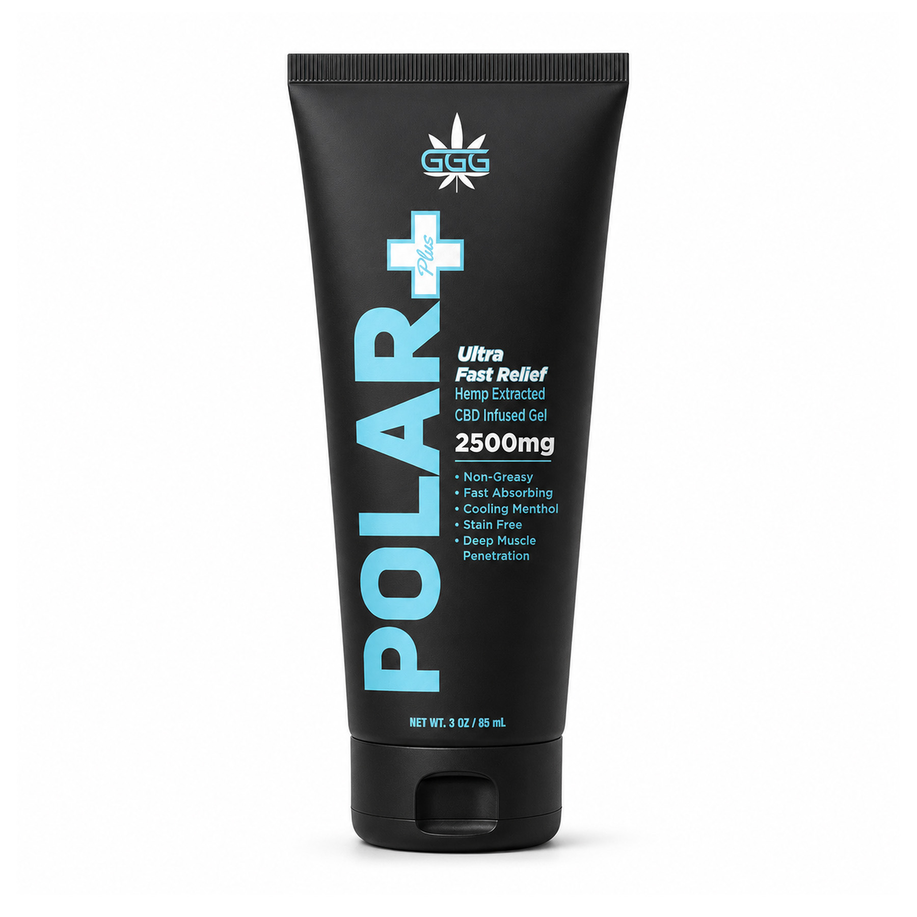 Triple G Hemp POLAR+ 2500mg CBD-infused cooling gel in a matte black 3 oz squeeze tube.