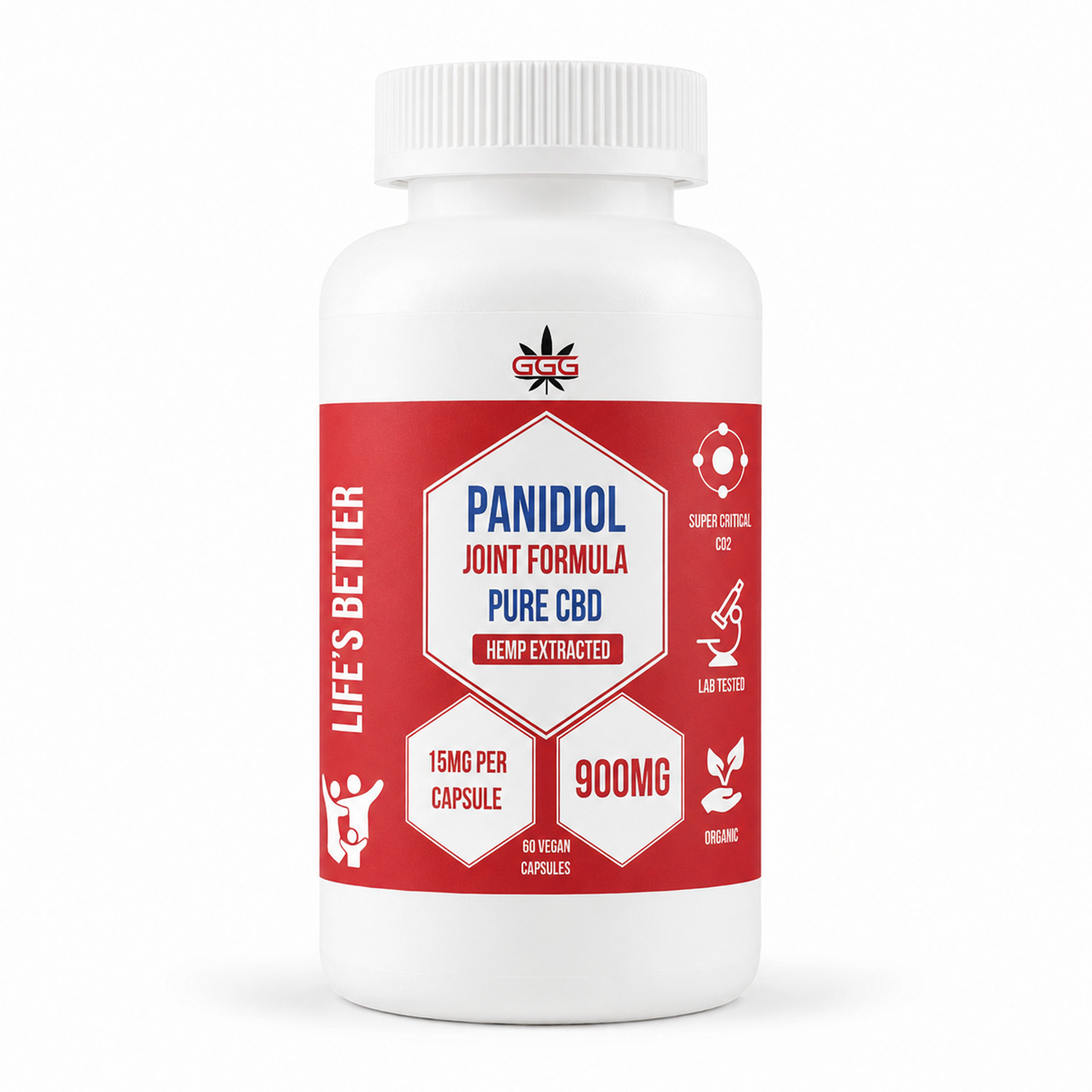 Triple G Hemp Panidiol 900mg Pure CBD joint formula capsules, 60-count bottle.