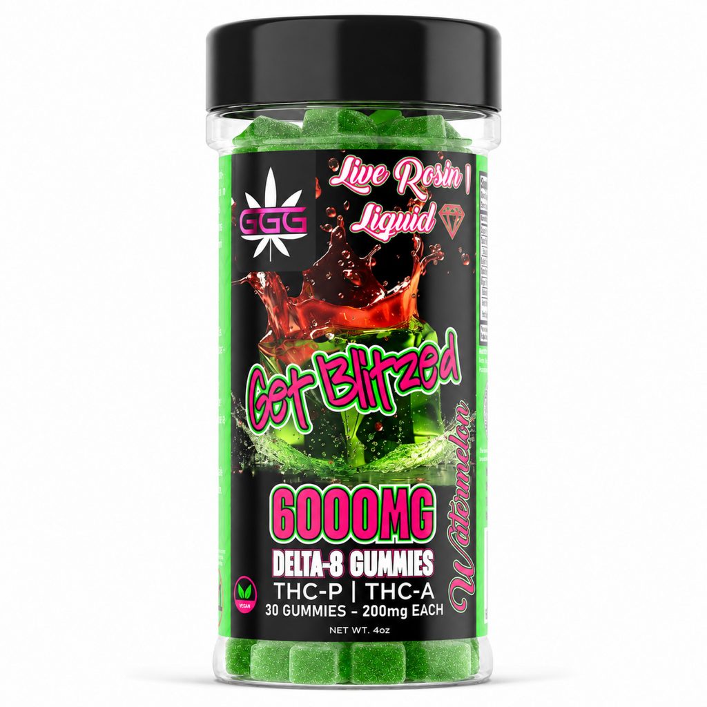 Triple G Hemp Get Blitzed 6000mg Delta-8 Watermelon vegan gummies, 30 gummies with THC-P and THC-A at 200mg each