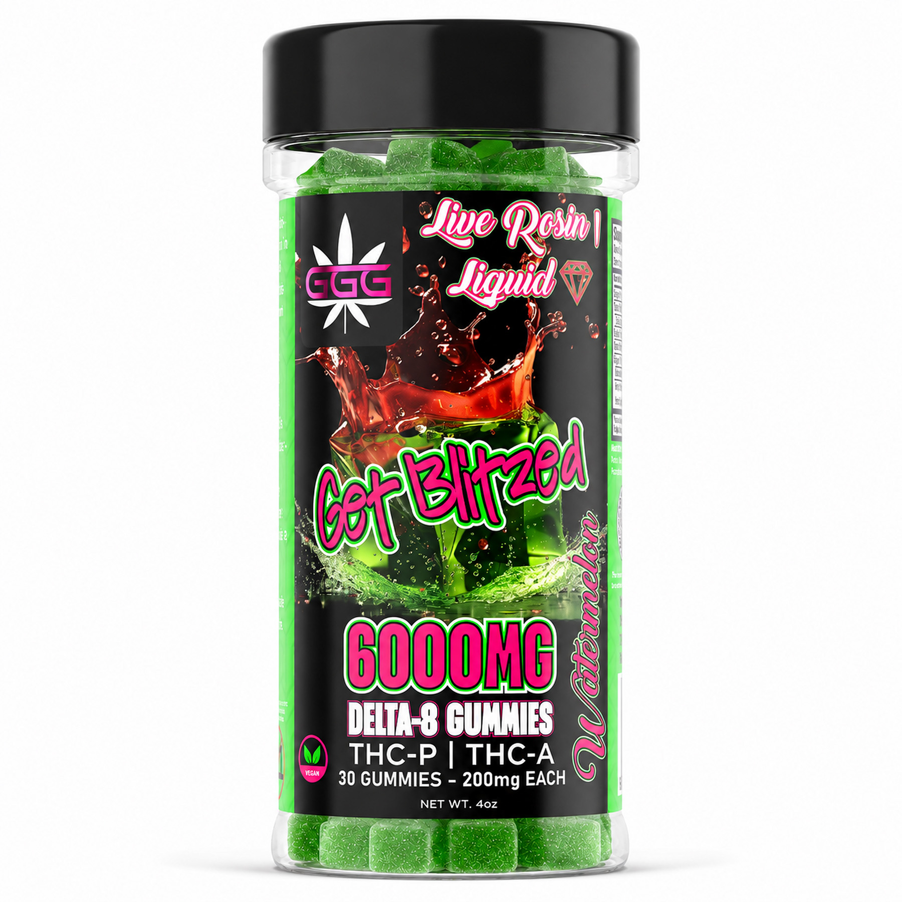 Triple G Hemp Get Blitzed 6000mg Delta-8 Watermelon vegan gummies, 30 gummies with THC-P and THC-A at 200mg each
