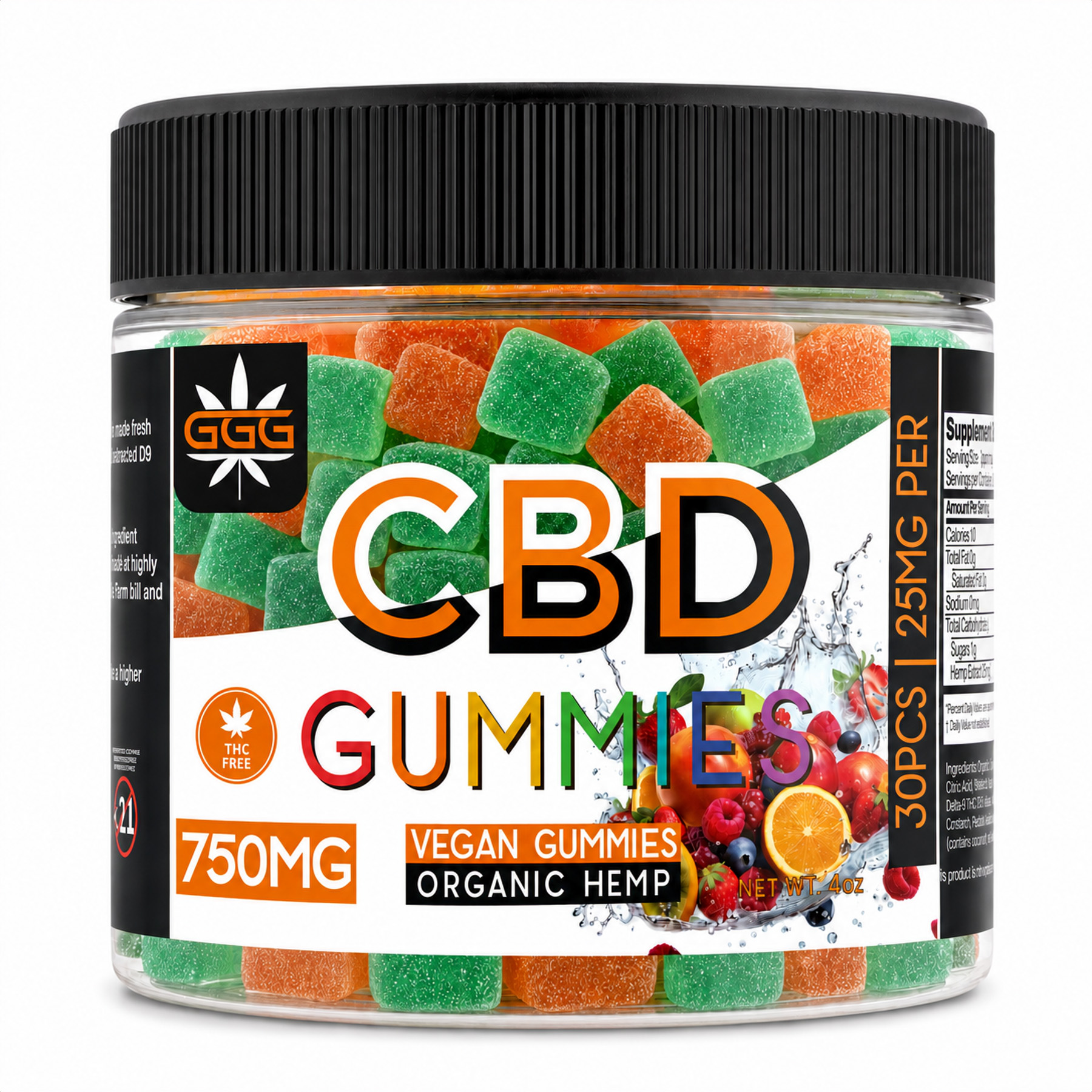 GGG™ THC-Free CBD Gummies with 750 mg CBD, 25 mg per gummy, and assorted orange and teal-green cube gummies in a 30-count jar
