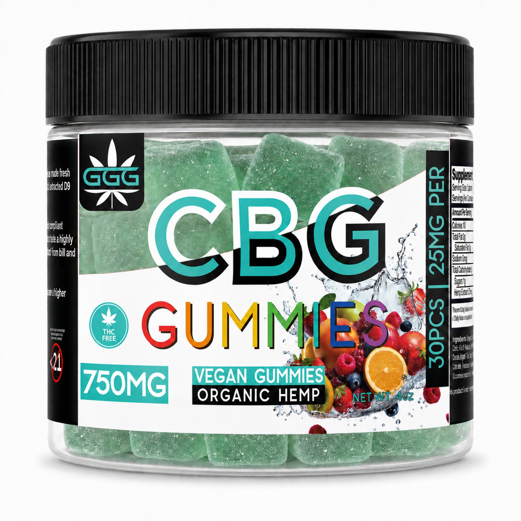 GGG™ THC-Free CBG Gummies with 750 mg CBG, 25 mg per gummy, and kiwi-flavored seafoam-green cube gummies in a 30-count jar