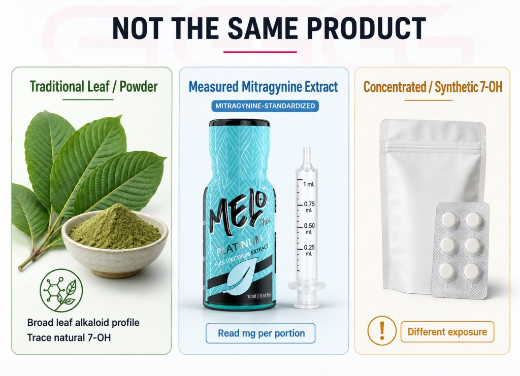Comparison of traditional kratom leaf, measured mitragynine extract, and concentrated 7-OH products