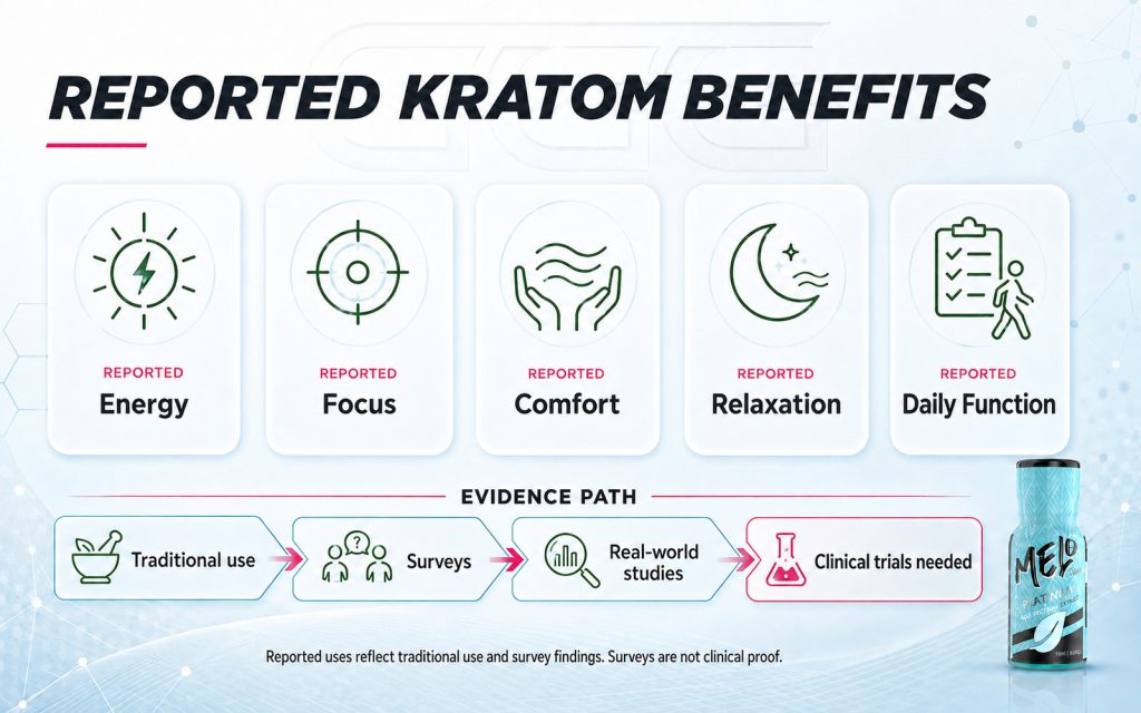 Infographic showing commonly reported kratom uses for energy, focus, comfort, relaxation, and daily function.