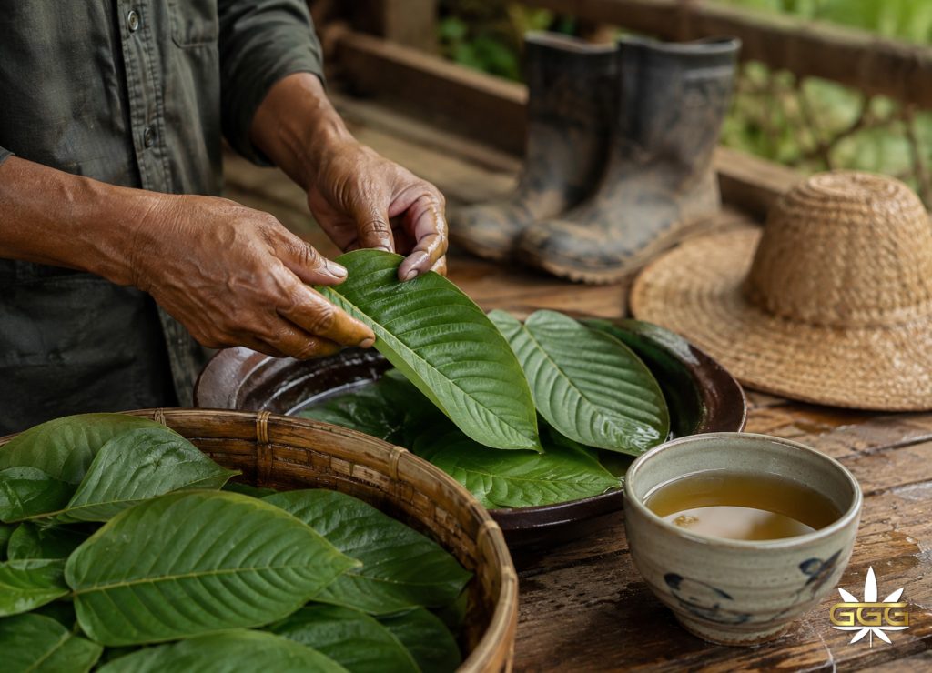 Traditional kratom leaves and tea prepared in a Southeast Asian setting