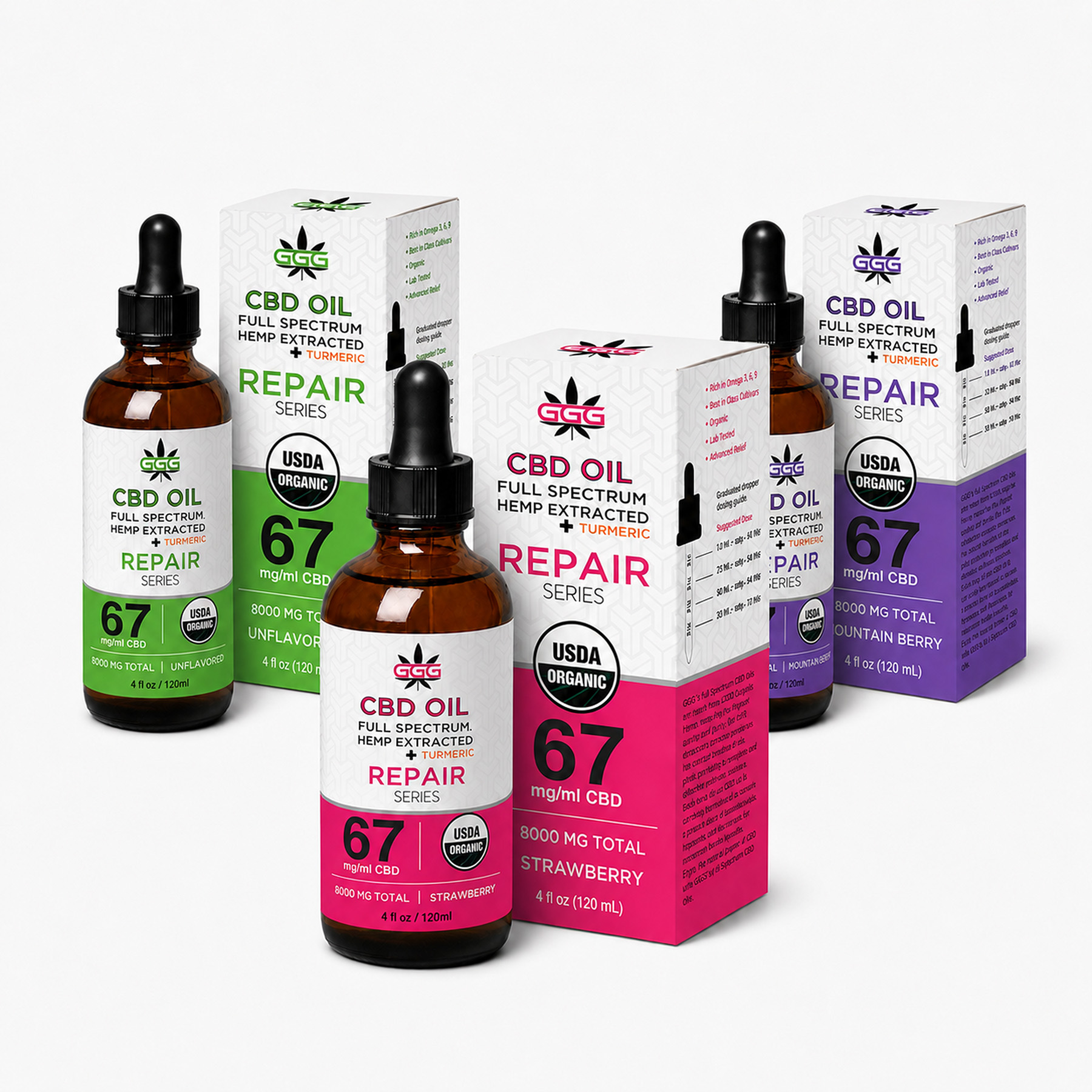 Triple G Hemp™ 8,000mg REPAIR Full Spectrum CBD Oils in Strawberry, Unflavored and Mountain Berry, shown in 120mL amber bottles with matching boxes.