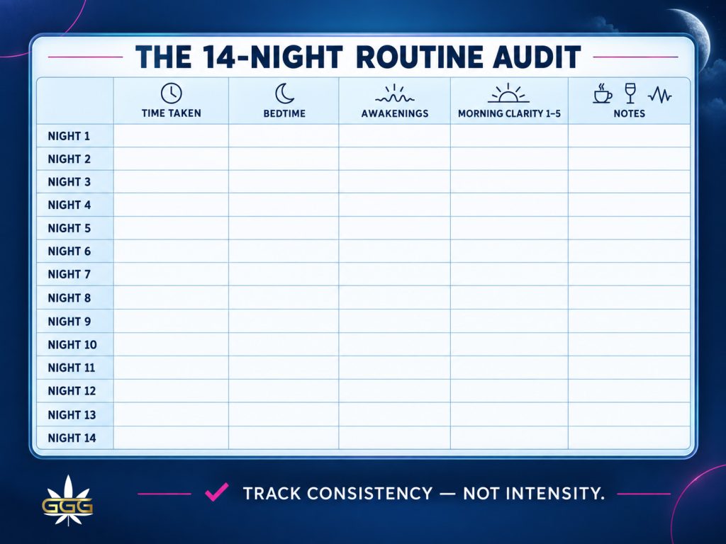 Fourteen-night CBN routine tracker for timing, awakenings, morning clarity and sleep variables