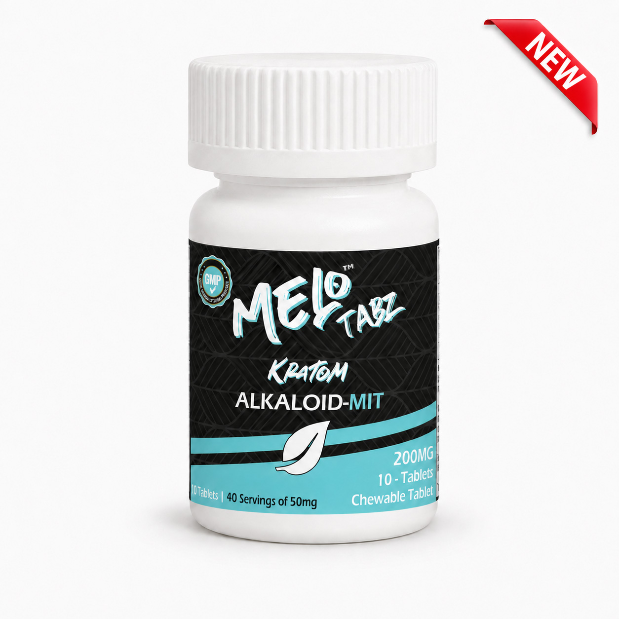 Melo Tabz 200mg mitragynine tablets in a 10-count bottle with 2,000mg total MIT and zero 7-OH